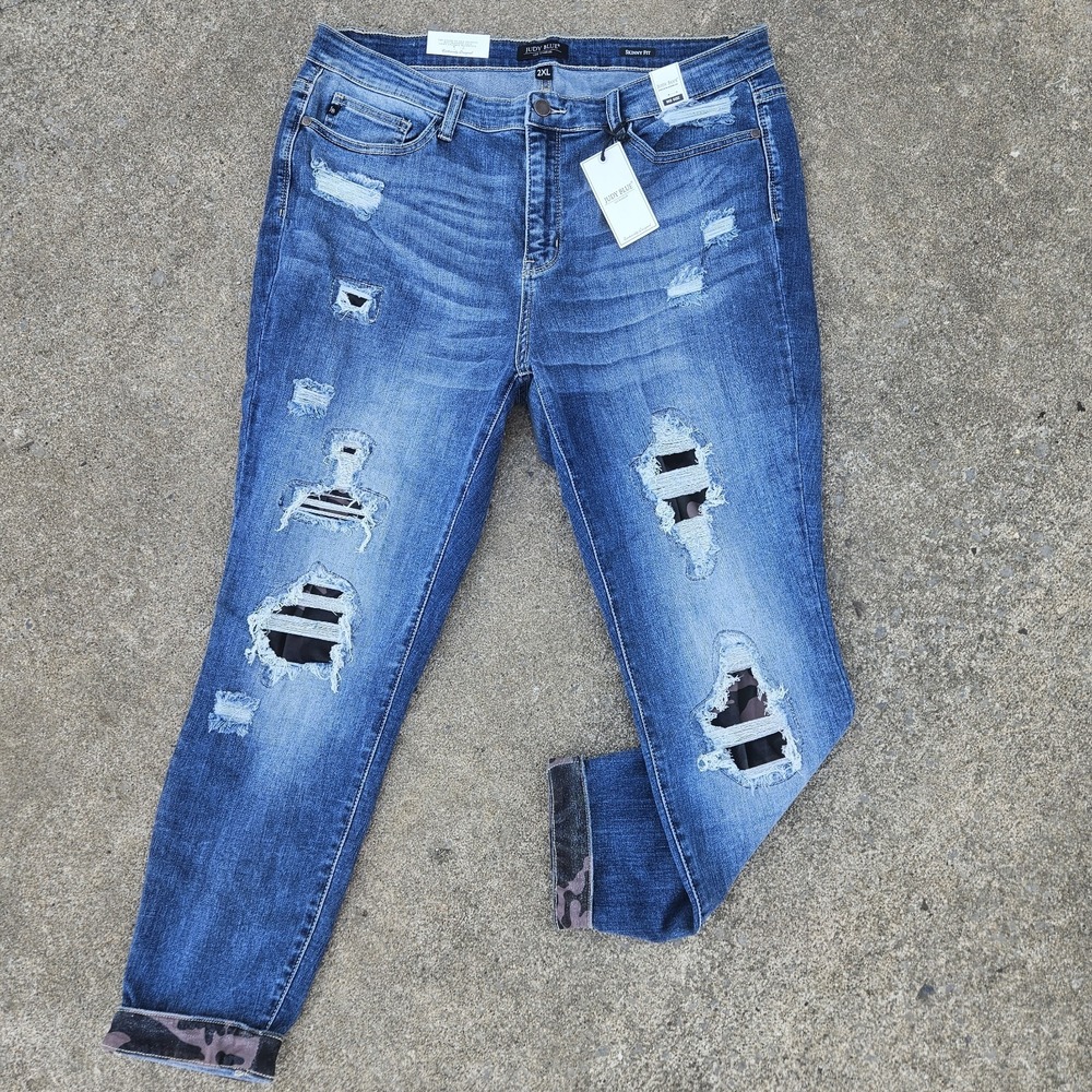 New‎ Judy Blue Skinny Fit Mid Rise Stretch Distressed Women Jeans Camo 2XL 34